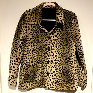 Ab Fab Reversible Jacket - black ultra suede with leopard trim/leopard faux fur.